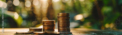 investment concept with coins and retirement savings plan on a wooden table, featuring a variety of coins including gold, brown, and wood coins, as well as a small coin