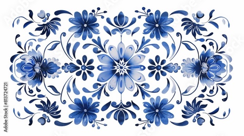 Blue and white tiles with Gzhel style ornaments. Mediterranean porcelain pottery isolated on white background