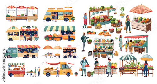 Market place with characters selling vegetables, bread, flowers, and other products. Local kiosks, food trucks, and booths.
