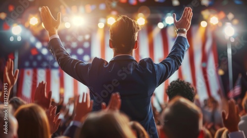 An organization representative delivers an emotional speech at an election rally, with the crowd cheering and clapping. The minister speaks against a backdrop of American flags.