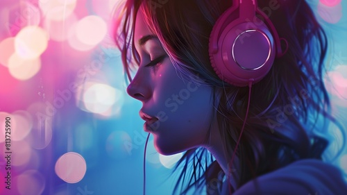 A breathtaking glimpse of a girl adorned with glamorous headphones, set against a soft, blurred backdrop, creating a sense of intimacy and allure in the tranquil atmosphere.