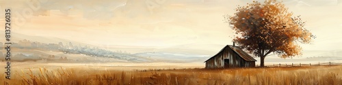 Illustration with a desert landscape in pastel colors and a lonely farmer's house in a field. Banner in the style of the old masters.