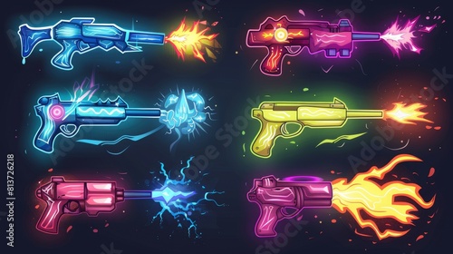 A cartoon modern set of space guns with explosions, laser blasters and plasmic beams. Raygun pistols, alien weapons of sci-fi fantasy. Fireballs, lightnings, and lightning bolts in an all-color comic