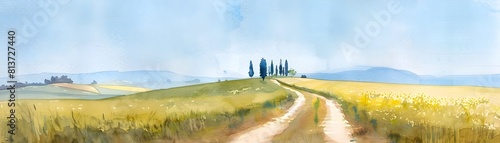 Idyllic Tuscany Countryside in Soft Spring Colors and Watercolor Brushstrokes