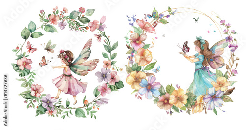 An illustration set depicting a flower frame surrounded by fairies in watercolor