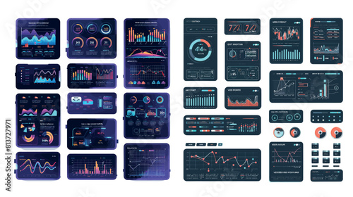 Modern illustration of a dashboard with graphs and charts, web page data charts, financial assets and income flow monitoring.