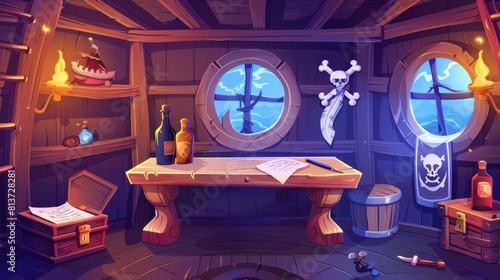 An illustration of the interior of a pirate ship cabin. Wooden room interior, a corsair background with feather pen, knife, bottle of rum, chest, spyglass, circular window and parchment.