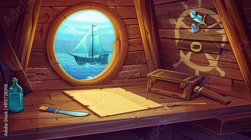 Pirate cabin interior, wood background with corsair stuff. A feather pen is on the table, a bottle of rum is in the chest, a spyglass is in the window, an armoire, a pocket watch is on the wall.