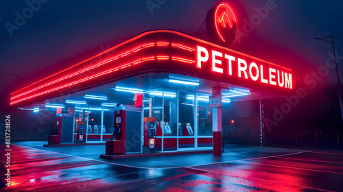 Empty red neon glowing petroleum gas station building at night or in evening or night. Transportation gasoline pump for fuel, travel business