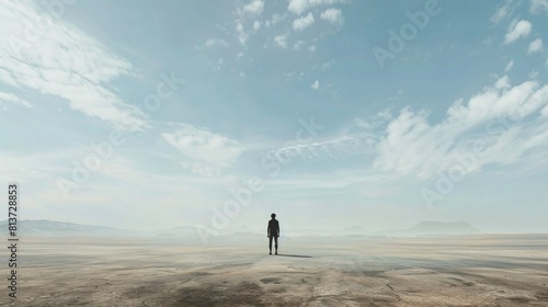 A man is standing alone in a vast desert.