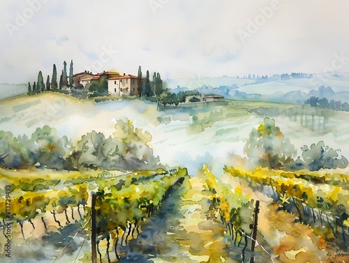 Misty Tuscany Vineyard Landscape Serene Watercolor Painting Countryside View