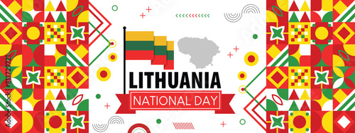 Lithuania national day banner with map, flag colors theme background and geometric abstract retro modern colorfull design