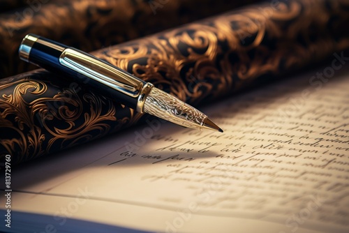 Close-up of an ornate fountain pen on a page filled with cursive handwriting