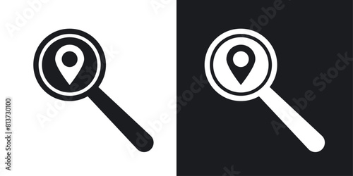 Search location icon set. Icons for finding places with location pins and magnifying glasses.