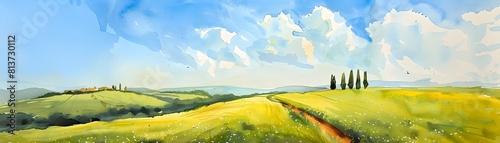 Picturesque Tuscany Countryside in Early Spring Blooming with Soft Watercolor Pastoral Scenery