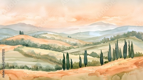 Serene Tuscany Countryside with Cypress Trees and Rolling Hills at Dawn