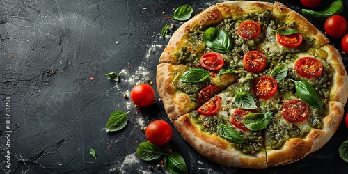 A top view of Artisanal pesto pizza kept on a clean dark surface with a big space for text or product advertisement, Generative AI.