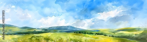 Soft Pastel Blooming Tuscany Countryside Landscape with Rolling Hills and Blue Sky