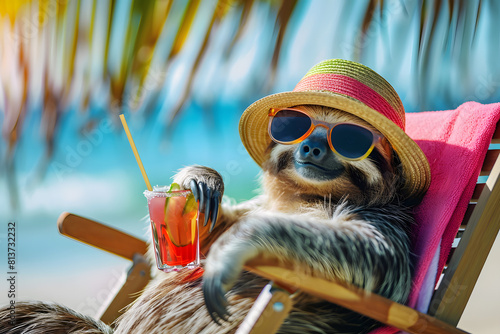 Chill out sloth enjoying tropical beach vacation