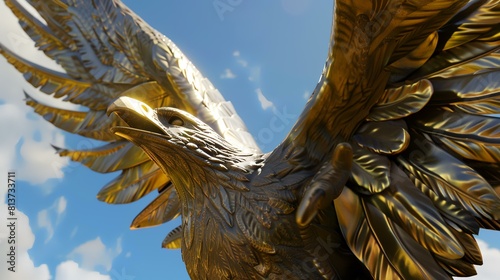 Golden eagle in the blue sky. 3D illustration. Conceptual image.