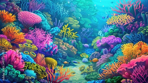 Tranquil Coral Garden, Diverse Marine Life, and Vibrant Reefs in the Undersea Ocean Scene