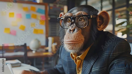 A monkey wearing glasses and a suit is sitting at a desk