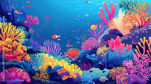 Underwater Ocean Landscape Showcasing Calm Coral Garden, Diverse Marine Life, and Colorful Reefs