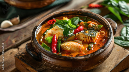 a bowl of Gaeng Som (Thai sour curry) served in a clay pot on a wooden table, filled with tangy tamarind broth, fish, vegetables, and aromatic herbs, offering a refreshing 