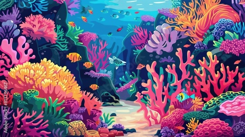 Tranquil Underwater Setting with Coral Garden, Diverse Marine Life, and Vibrant Reefs in the Ocean