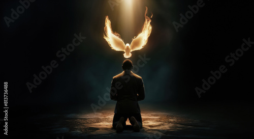 Pentecost concept art. Glowing white dove of the holy spirit descending upon a African American man. Man on his knees receiving the holy ghost symbolized by a white glowing dove of fire.