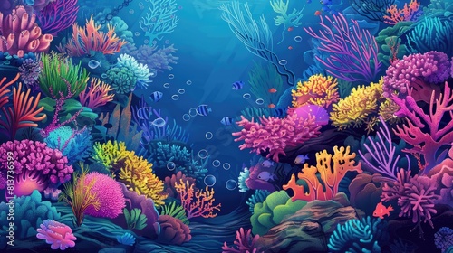 Scene of the Underwater Ocean with Tranquil Coral Garden, Assorted Marine Life, and Colorful Reefs