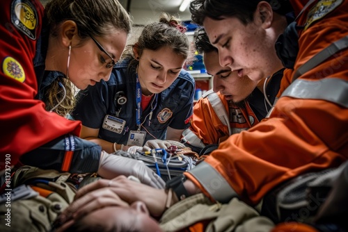 A group of healthcare professionals is seen working together to attend to a patient in a hospital setting during a medical emergency