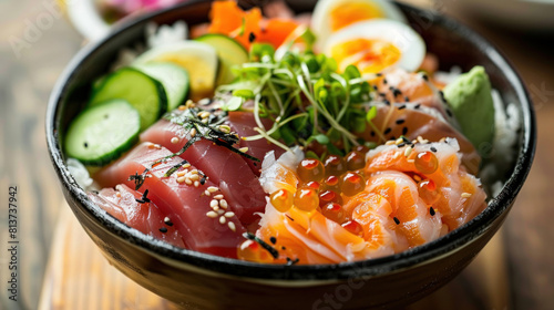 an image of a chirashi sushi bowl on a wooden surface, featuring an assortment of seafood sashimi scattered over sushi rice, garnished with shredded egg, cucumber, and nori strips.