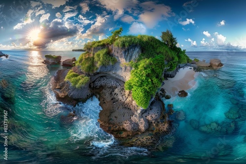 A 360-degree view of an idyllic island surrounded by crystal-clear blue waters in the ocean