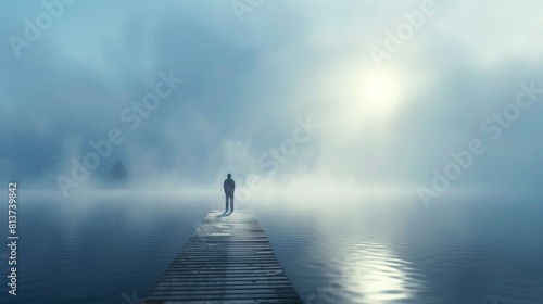A silhouette of a figure standing at the end of a pier, staring into a misty lake, representing contemplation and sadness