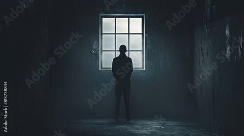 A silhouette of an individual standing in a dark, empty room, looking out a small window, symbolizing confinement and depression