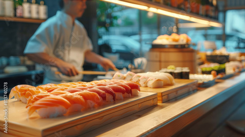 an image of a sushi bar counter made of polished wood, adorned with plates of freshly prepared nigiri and rolls, with a skilled sushi chef behind the counter, showcasing the authentic atmosphere 