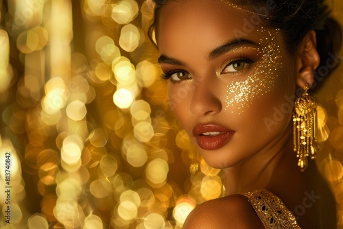 A stunning model woman wearing gold glitter makeup poses elegantly in front of a shiny gold background