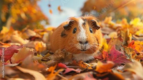 Angelwinged guinea pig, floating near a pile of autumn leaves, grinning playfully