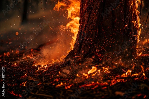 Close-up of a tree trunk in a forest, engulfed in flames during a wildfire, with sparks flying around