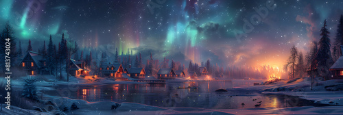 Northern Lights illuminating the Coastal Village A serene blend of civilization and nature under the enchanting Northern Lights in this photo realistic concept.