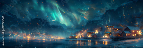 Enchanting Coastal Village Embraced by Photo Realistic Northern Lights, Harmony of Civilization and Nature Captured in Photo Stock Concept