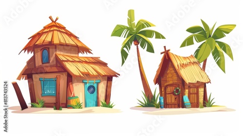 Cartoon modern illustration set of wooden huts with straw roofs for sea or ocean shore landscape design. Set of vacation house, tiki bar, and shack with excursion offer.