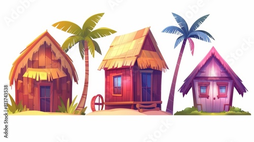An illustration of wooden huts with straw roofs for an ocean shore or seashore landscape design for summer concept showing a vacation house, a tiki bar, and a shack with an excursion offer. Cartoon
