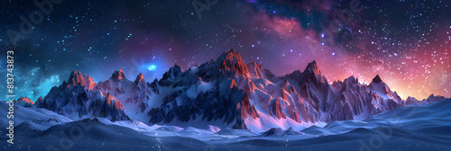 Snow capped mountains under starry skies: A breathtaking nocturnal landscape where snow meets the cosmos