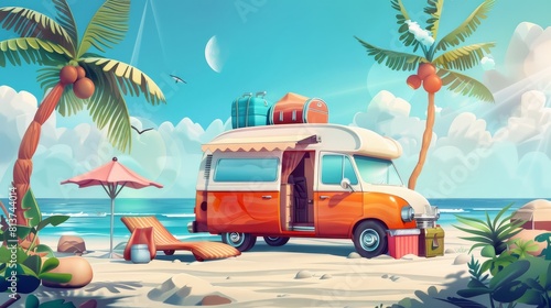 Car with luggage on roof and open door, standing on sand beach with palm trees and lounge chairs. Cartoon summer modern with family trailer bus for camping.
