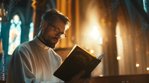 As a minister of the Christian church, you lead the congregation in prayer while reading from the Holy Book, The Bible, Gospel of Jesus. It is a portrait of the priest providing guidance, belief,