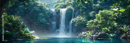 Photo realistic hidden oasis in tropical rainforest: Stunning waterfall amidst vibrant lush vegetation