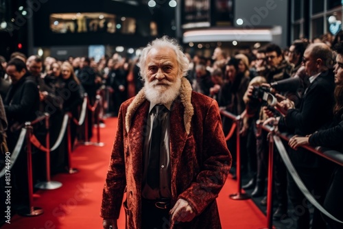 Elegant elderly gentleman in a stylish coat attends a glamorous event, surrounded by an admiring crowd