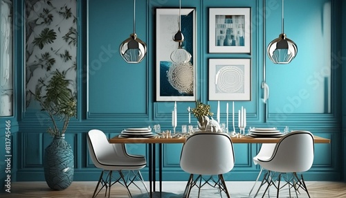 Blue dining room decorated for a special occasion, dinner with friends in modern luxury living room, created with generative AI